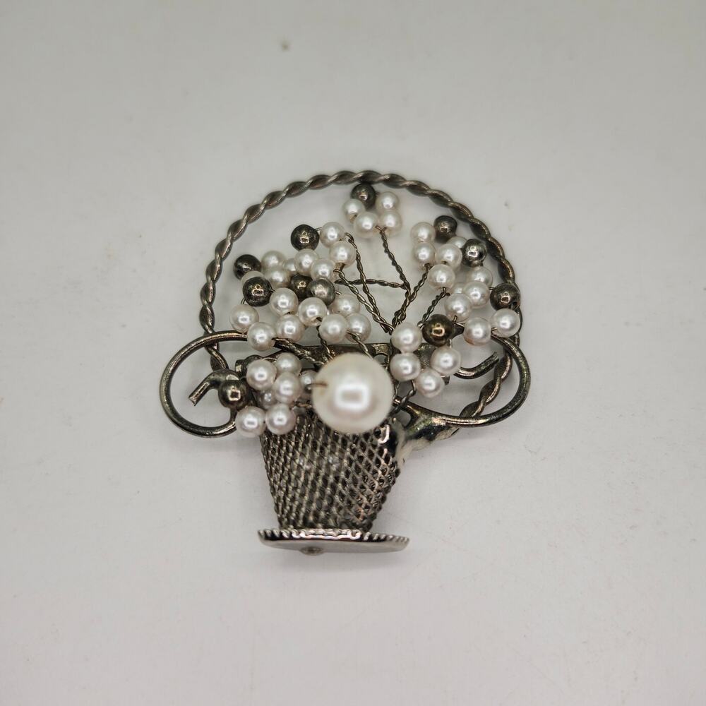 Vintage Faux Pearl Basket Brooch Pin Silver Tone Floral Bouquet Wedding Gift MCM